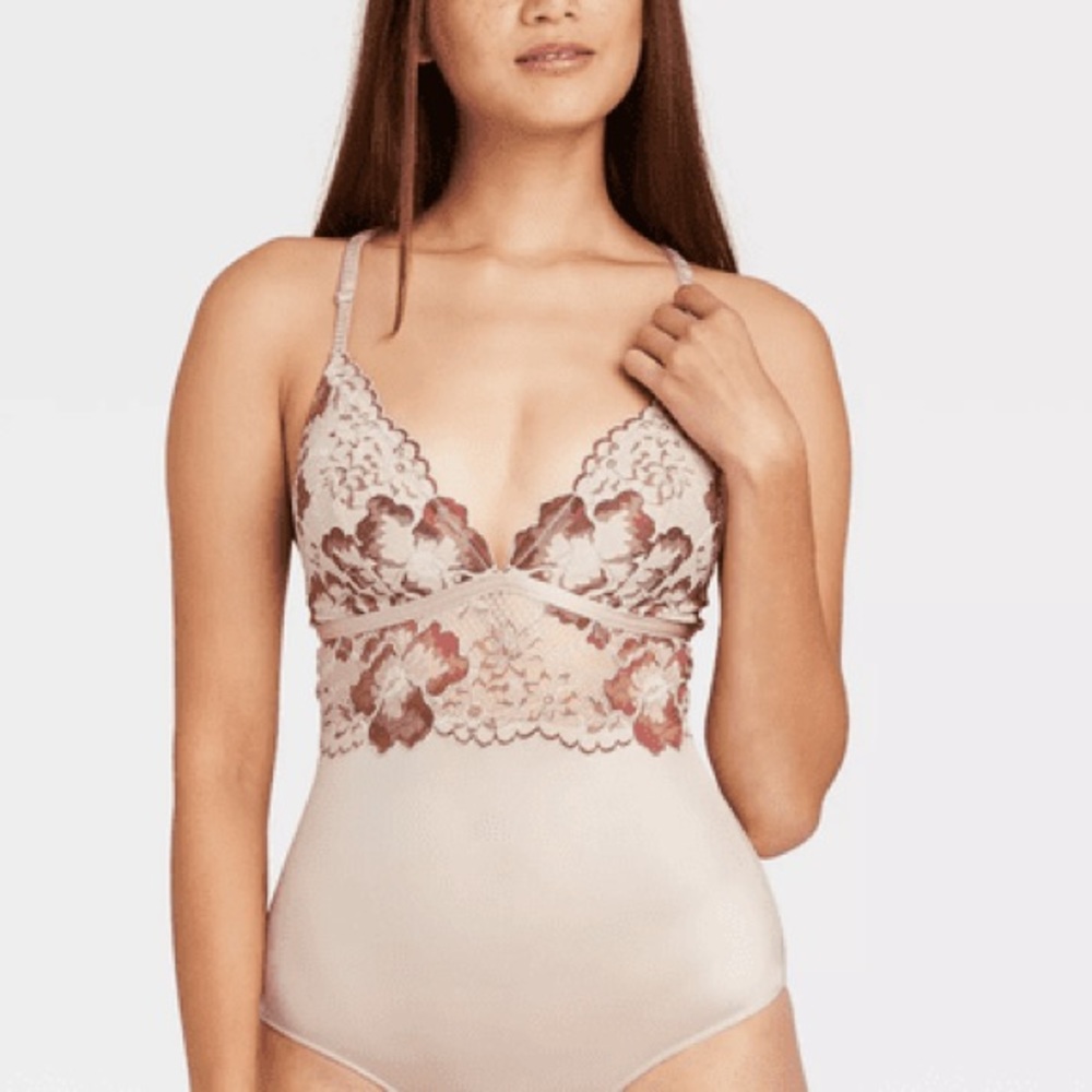 (A54) Auden Intimates‎ Taupe Bodysuit Lace Trim, Size Small, NWT
